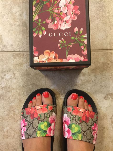 gucci bloom slides 7|Gucci floral slides outfit.